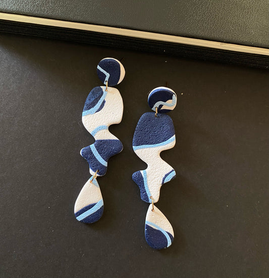 blue and white long abstract blob and drop (small circle top)earrings