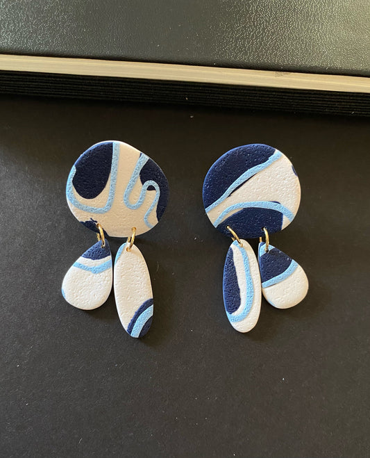 blue and white large circle dangle and drop earrings