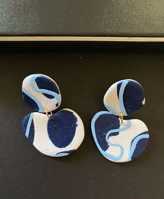 blue and white abstract circle & bean earrings