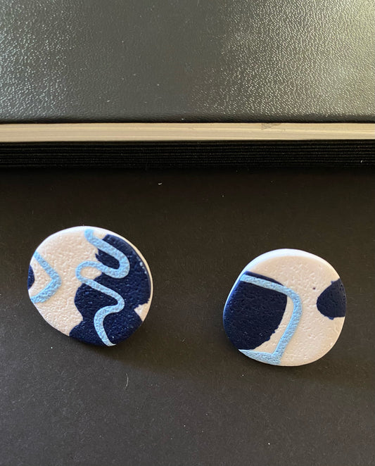 blue and white abstract large round studs