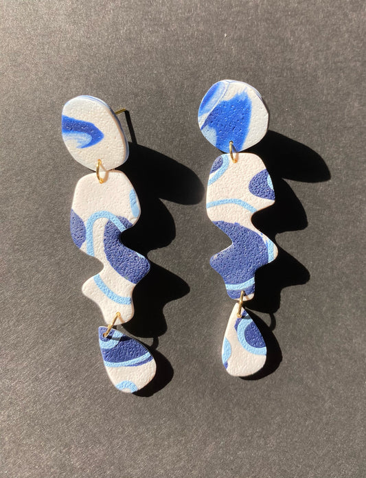 blue and white long abstract blob and drop (no top)earrings