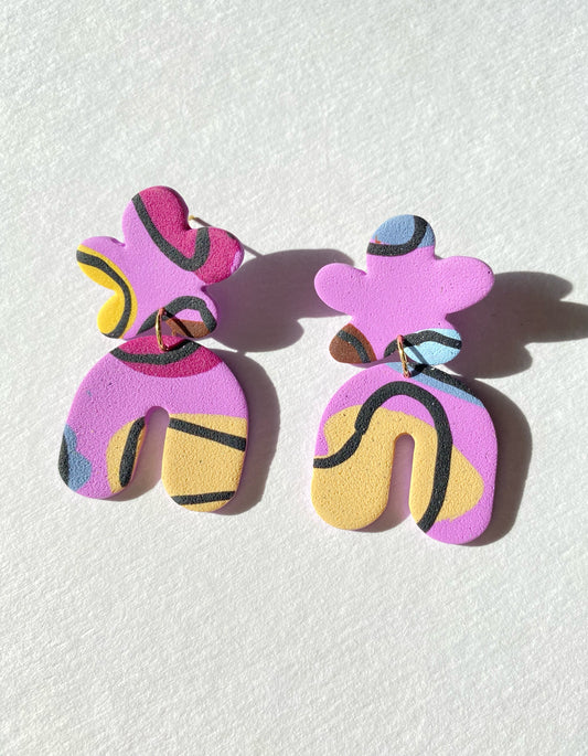 colorful on lavender flower & chunky arch earrings