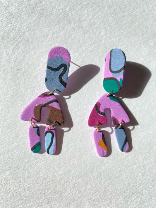 colorful on lavender oval & triangle dangle earrings